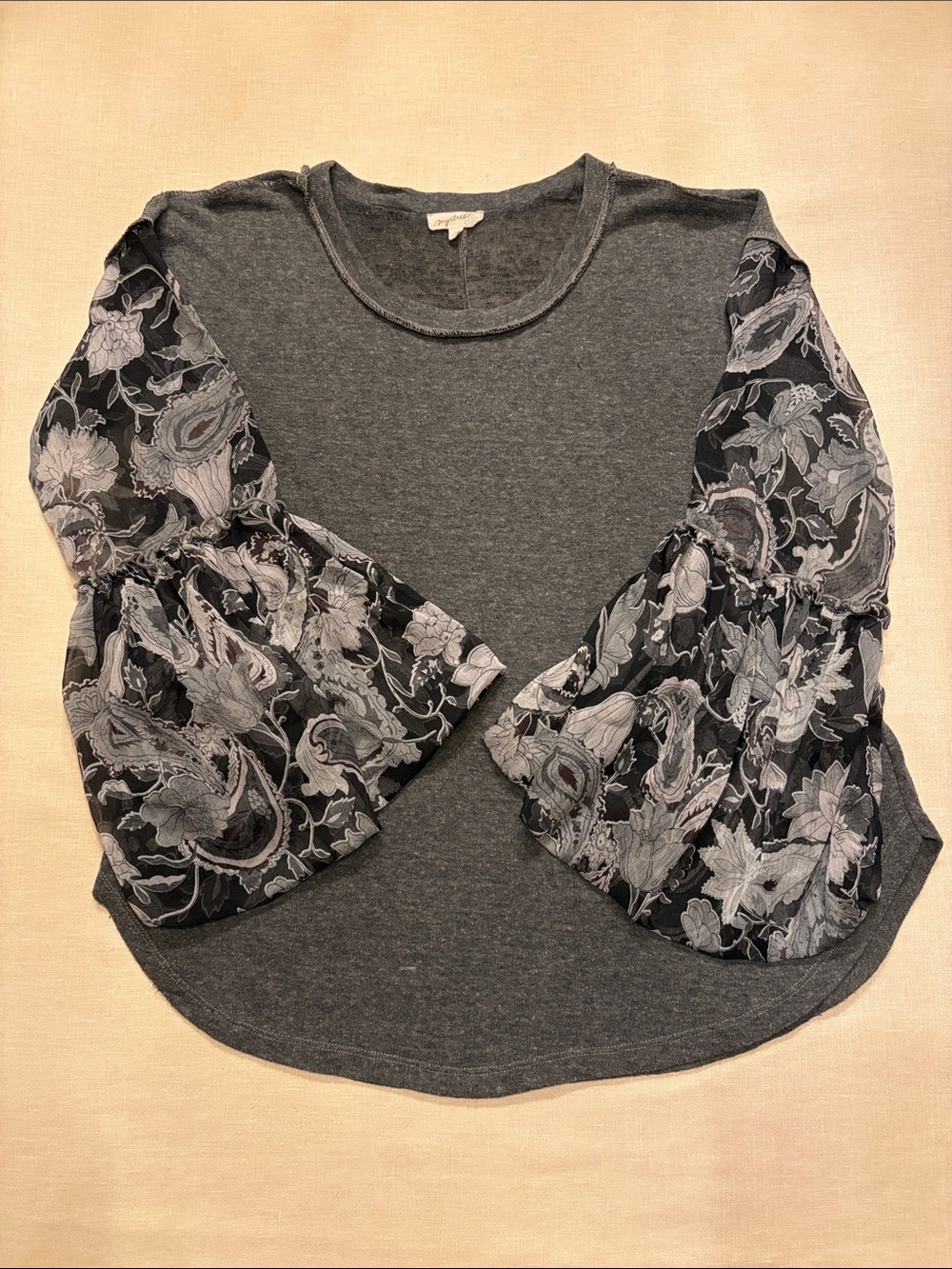 Mystree Charcoal Gray Top with Floral Sheer Bell Sleeves